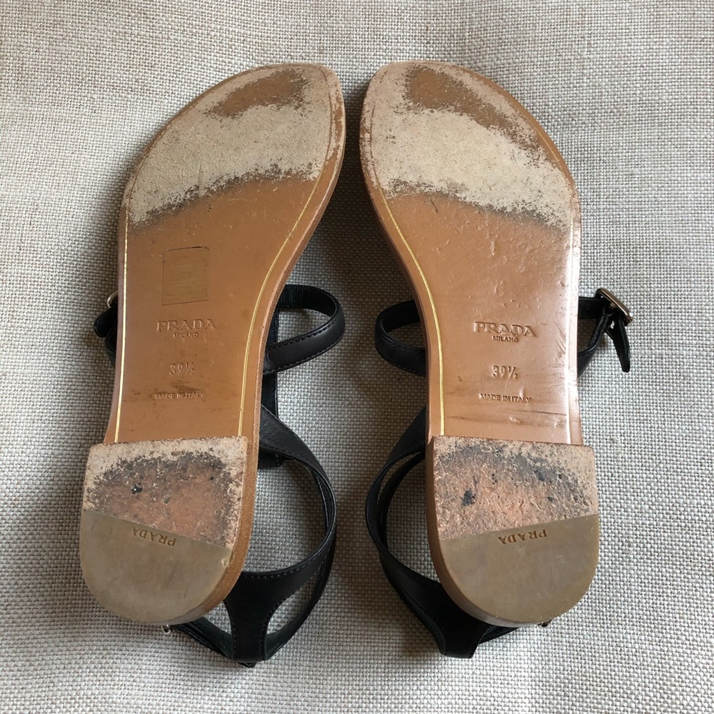 Prada Sandals Ankle Strap Black Buckle Studs Thong - Picture 7 of 8